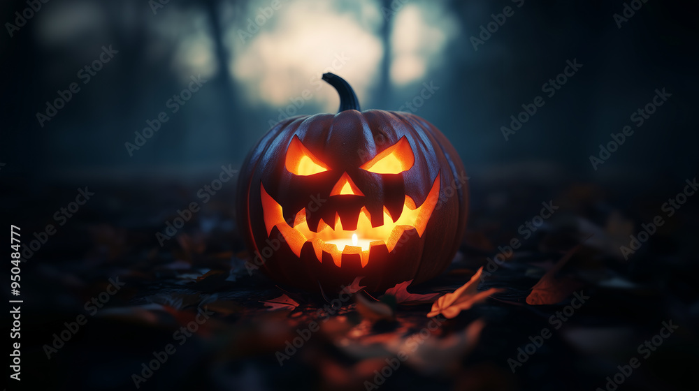 Menacing Jack-O'-Lantern in a Dark Forest: A Spine-Chilling Halloween Scene with Glowing Eyes and a Sinister Grin