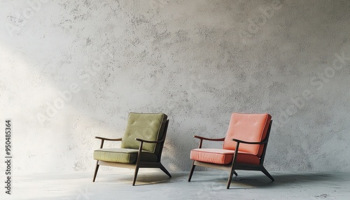 Salmon and olive chairs against a minimalist abstract background in a simple design.