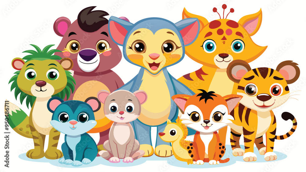 Naklejka premium Colorful set of little cartoon animals characters. Cartoon character design. Baby animals icons set isolated on white background. Color illustration of wild animal world. Vector illustration