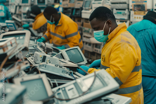 worker sorts and disassembles used electronics at an e-waste recycling plant. photo