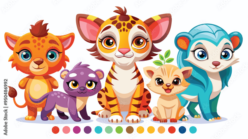 Naklejka premium Colorful set of little cartoon animals characters. Cartoon character design. Baby animals icons set isolated on white background. Color illustration of wild animal world. Vector illustration