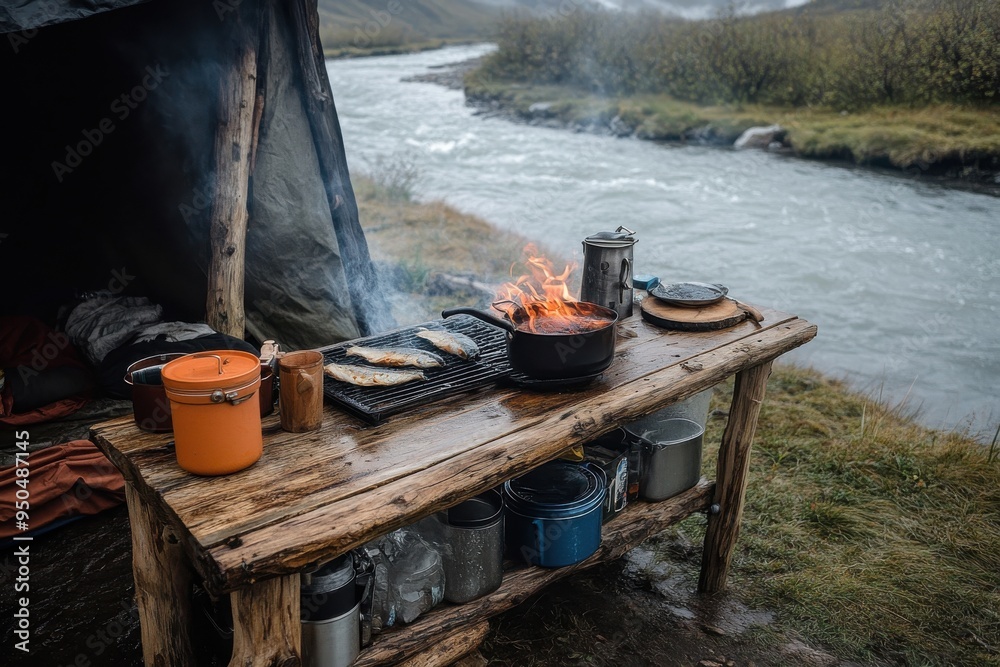 A rustic campsite by a flowing river, featuring a wooden table with various pots and cooking utensils as a meal is being prepared over an open flame grill. A rustic campsite by a flowing river, featuring a wooden table with various pots and cooking utensils as a meal is being prepared over an open flame grill.