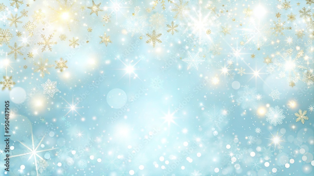 Golden Snowflakes and Stars on a Light Blue Winter Background with Copy Space Golden Snowflakes and Stars on a Light Blue Winter Background with Copy Space