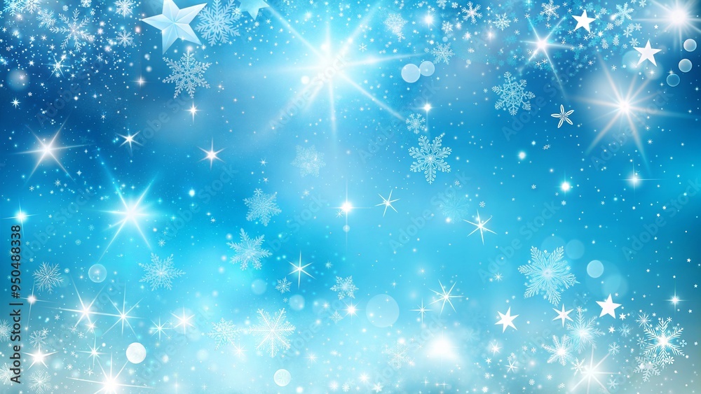 Shining Snowflakes and Stars on a Bright Blue Winter Background with Copy Space Shining Snowflakes and Stars on a Bright Blue Winter Background with Copy Space