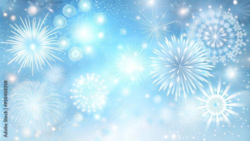 White Fireworks Exploding on a Soft Blue Background with Copy Space