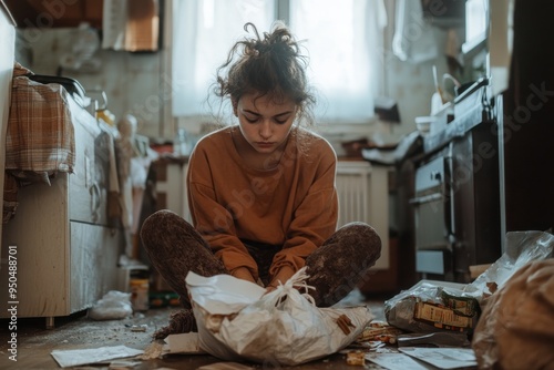 A young girl with untidy hair sits on the messy kitchen floor, looking sad and lonely, highlighting feelings of neglect and the impact of disarray on one's mood.