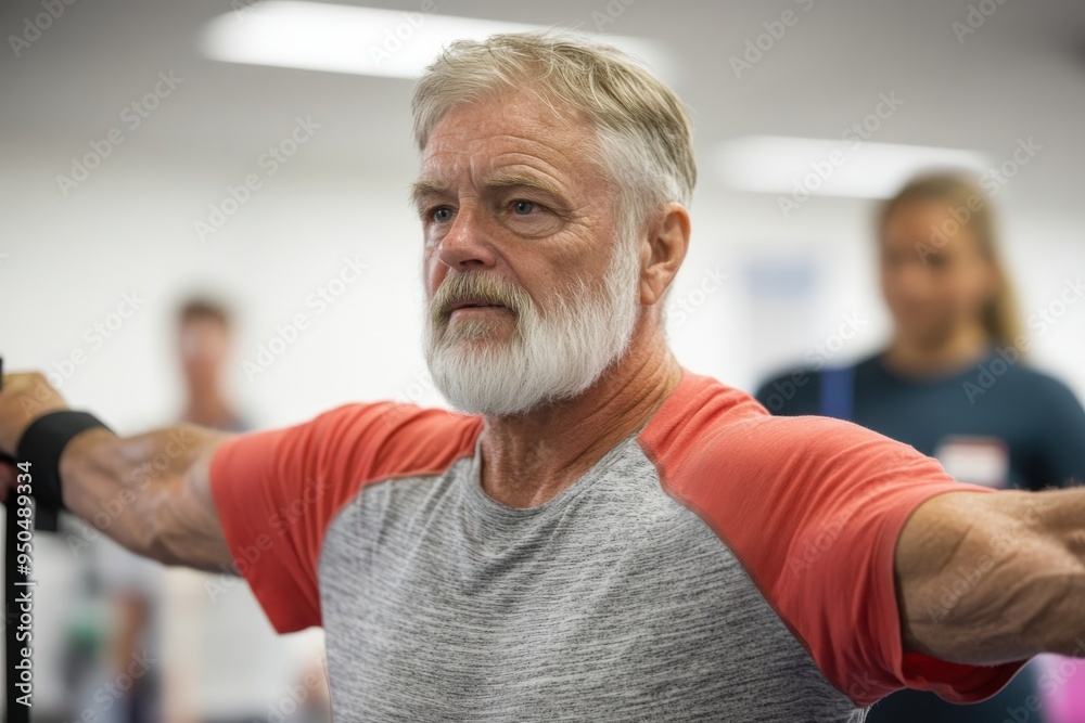 An older man is intensely lifting weights in a gym, dressed in a grey t-shirt with red sleeves, surrounded by equipment, signifying strength, focus, and dedication. An older man is intensely lifting weights in a gym, dressed in a grey t-shirt with red sleeves, surrounded by equipment, signifying strength, focus, and dedication.