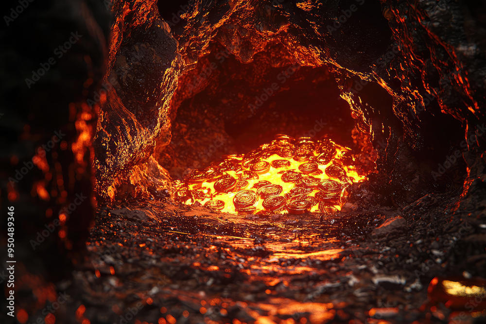 A Glimmering Hoard of Gold Coins Resting in a Fiery Volcanic Cave, Awaiting a Brave Adventurer to Discover Their Riches A Glimmering Hoard of Gold Coins Resting in a Fiery Volcanic Cave, Awaiting a Brave Adventurer to Discover Their Riches