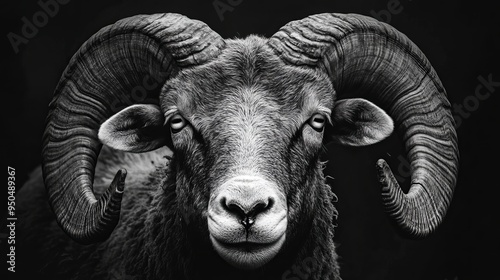 A close-up photograph captures the stoic gaze of a ram's head in stark black and white.  photo