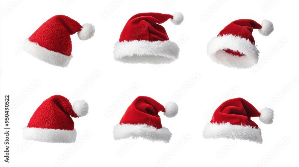 Set of a festive red Santa hats with a fluffy white trim placed on a white background Set of a festive red Santa hats with a fluffy white trim placed on a white background