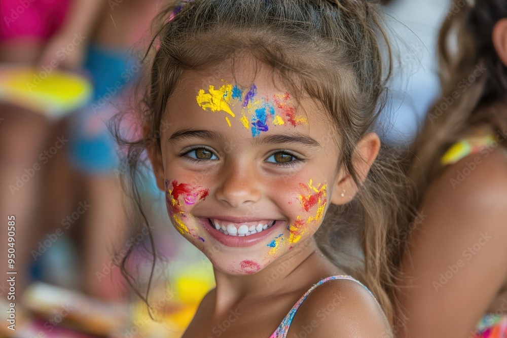 A young child smiling widely with colorful paint splattered on her face during a vibrant art activity, capturing the joyful and carefree essence of childhood creativity. A young child smiling widely with colorful paint splattered on her face during a vibrant art activity, capturing the joyful and carefree essence of childhood creativity.