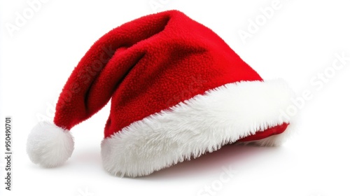 A festive red Santa hat with white fur trim resting on a flat surface on white background