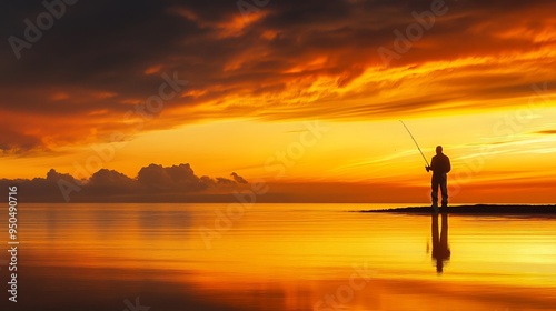 A lone fisherman stands on the seashore, his rod cast against the backdrop of a vibrant sunset. He patiently awaits a bite, his silhouette a solitary figure against the fading light. 