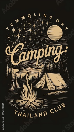 A visually stunning, camping-themed t-shirt design set against a black background, The phrase 