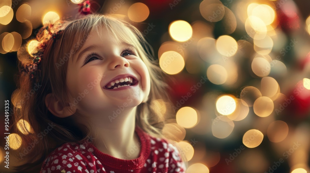A joyful young girl smiles brightly in front of a beautifully lit Christmas tree during the holiday season A joyful young girl smiles brightly in front of a beautifully lit Christmas tree during the holiday season