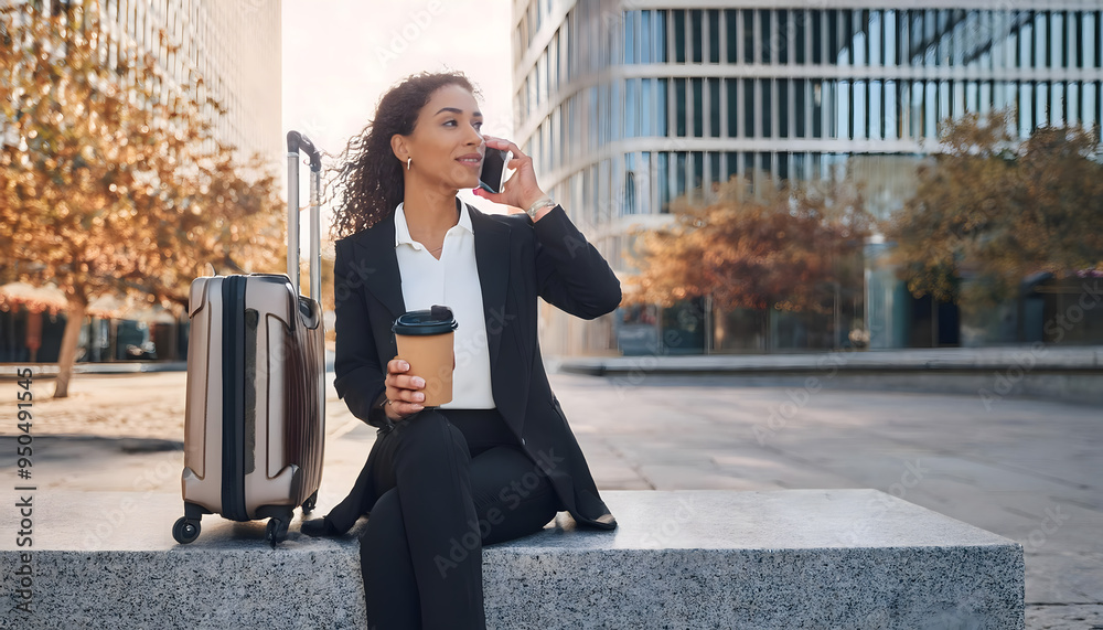Fototapeta premium A woman is sitting on a stone ledge with a laptop and a cup of coffee
