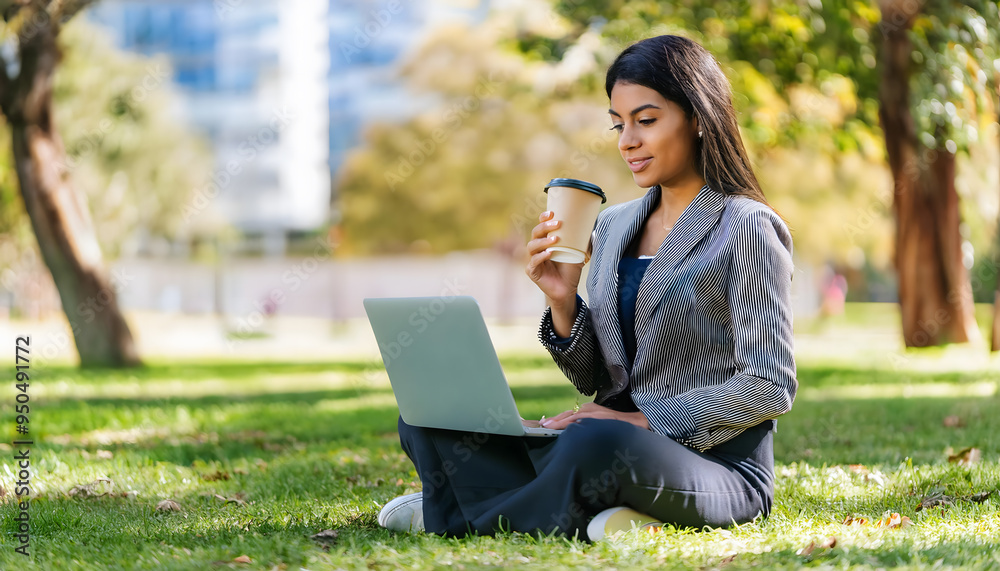 A woman is sitting on the grass with a laptop and a coffee cup A woman is sitting on the grass with a laptop and a coffee cup