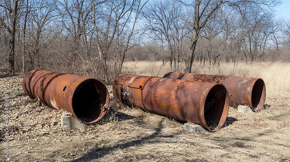 Gritty industrial landscape with old rusted pipelines stretching into the horizon, earthy tones, and dynamic shadows Gritty industrial landscape with old rusted pipelines stretching into the horizon, earthy tones, and dynamic shadows