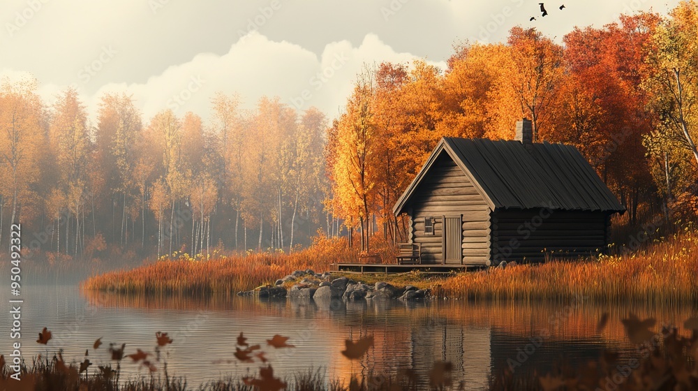 Autumn Lake Cabin in Arcane Style. AI generated illustration Autumn Lake Cabin in Arcane Style. AI generated illustration