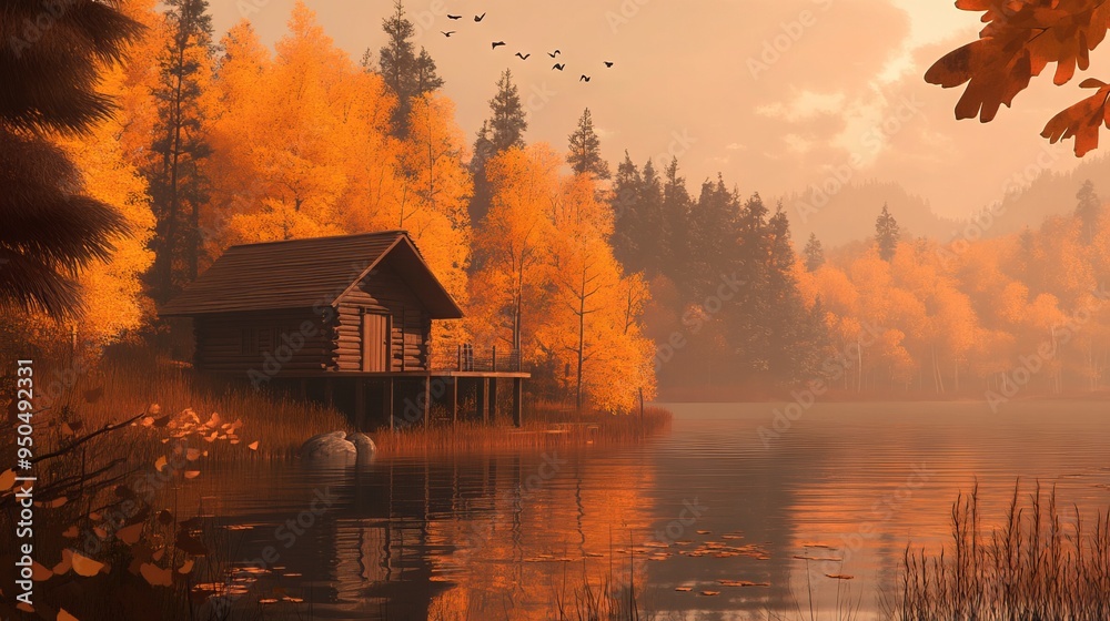 Autumn Lake Cabin in Arcane Style. AI generated illustration Autumn Lake Cabin in Arcane Style. AI generated illustration