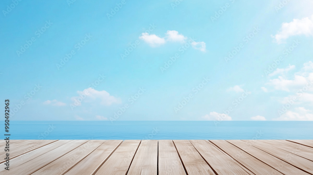Calm ocean view from a wooden deck on a sunny day Calm ocean view from a wooden deck on a sunny day