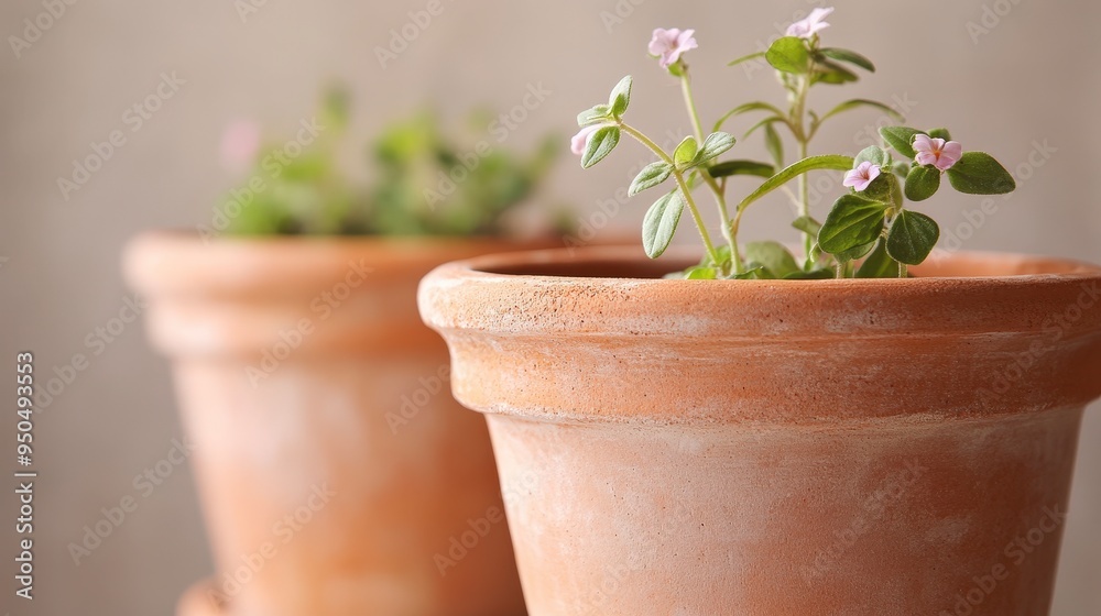Fototapeta premium Close-up of Decorative Terracotta Pots with Herbs and Flowers on Neutral Background
