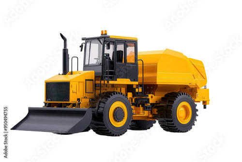 A bright yellow construction vehicle featuring a large front blade for earthmoving tasks on construction sites. photo