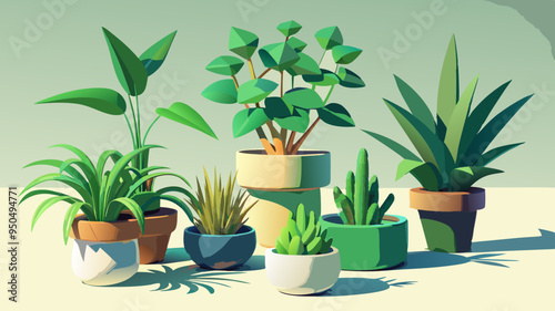 Collection of green plants in pot isolated on white background. Set realistic modern minimal design elements. 3d vector illustration.