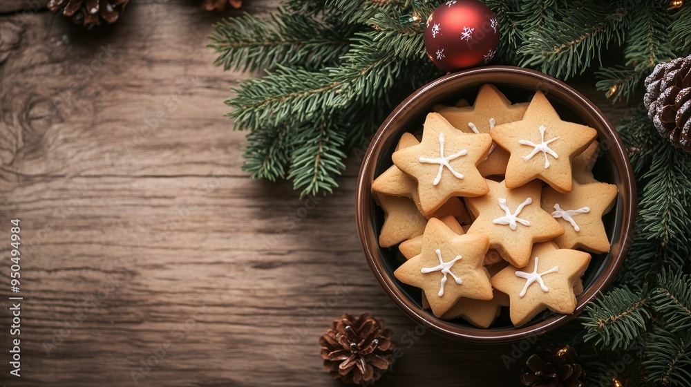 A festive bowl of star-shaped cookies decorated with icing nestled among pine branches and ornaments during the holiday season A festive bowl of star-shaped cookies decorated with icing nestled among pine branches and ornaments during the holiday season