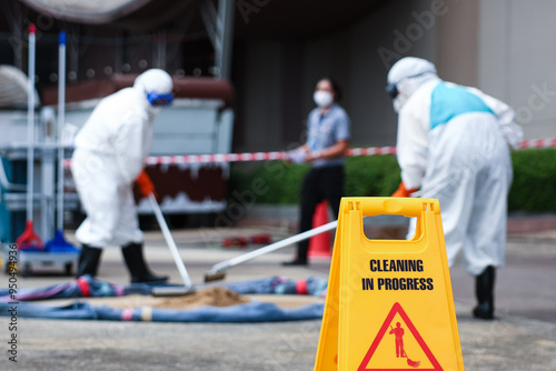 Area Closed  Warning Sign for Chemical Spill Clean-up, Dangerous Zone, Part of Steps for Dealing with Chemical Spillage, Spill Clean-up Procedures.