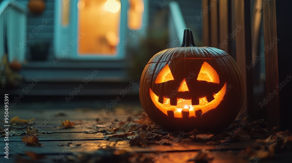 Halloween Carved Pumpkin on the Porch. AI generated illustration