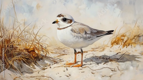 A small, charming Piping Plover stands amidst its beach nesting ground, surrounded by parched sand and dry sea grass. 