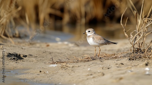 A small, charming Piping Plover stands amidst its beach nesting ground, surrounded by parched sand and dry sea grass. 