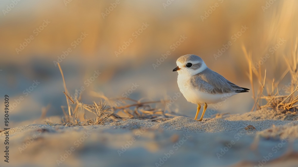 A small, charming Piping Plover stands amidst its beach nesting ground, surrounded by parched sand and dry sea grass. 