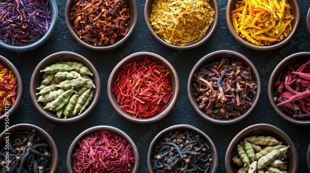 gourmet spices like saffron, cardamom, and vanilla pods arranged carefully in small ceramic dishes gourmet spices like saffron, cardamom, and vanilla pods arranged carefully in small ceramic dishes