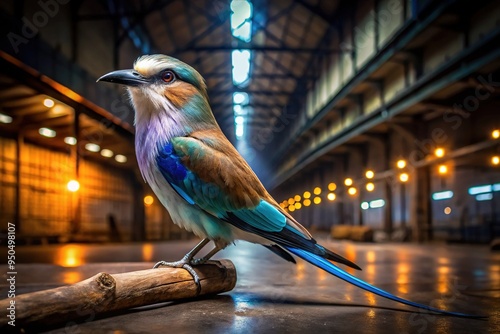 The racket-tailed roller's rebellious spirit shone in the dimly lit warehouse, its iridescent feathers glinting like sparks in the dusty air as it surveyed its surroundings with a stubborn glint. photo