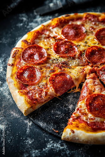 A delicious pepperoni pizza with a slice taken out, showcasing the melted cheese and seasoned pepperoni slices. The dark background contrasts with the pizza's vibrant colors. photo