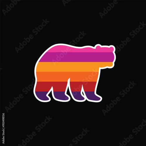 The silhouette of a bear in a retro sunset. Original vector illustration in vintage style isolated on black background.