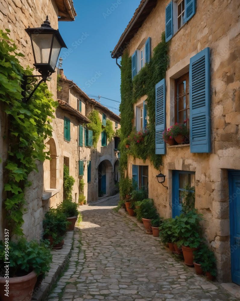 Charming Cobblestone Pathway with Ivy-Covered Stone Houses and Blue Shutters in a Picturesque Village Charming Cobblestone Pathway with Ivy-Covered Stone Houses and Blue Shutters in a Picturesque Village