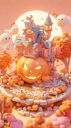 Halloween Poster with Large Pumpkin on Pastel Background. AI generated illustration photo