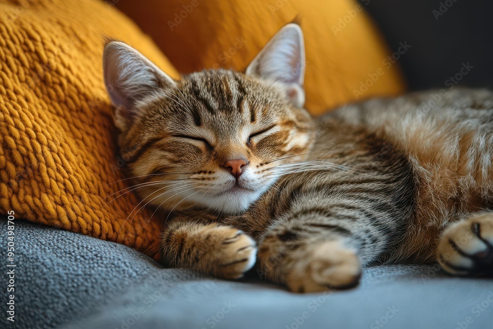 closeup portrait of adorable tabby kitten soft fur detail curled up on gray couch sleepy expression warm ambient lighting cozy home atmosphere closeup portrait of adorable tabby kitten soft fur detail curled up on gray couch sleepy expression warm ambient lighting cozy home atmosphere