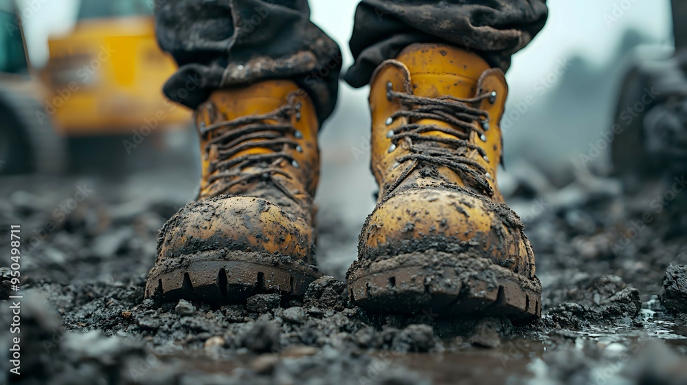 Dirty Yellow Work Boots Close Up Mud Construction Site Dirty Yellow Work Boots Close Up Mud Construction Site