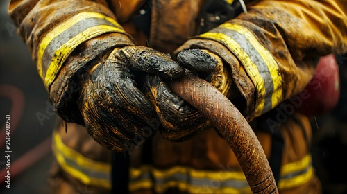 Firefighter Holding Hose Closeup Wet Gear Emergency Response