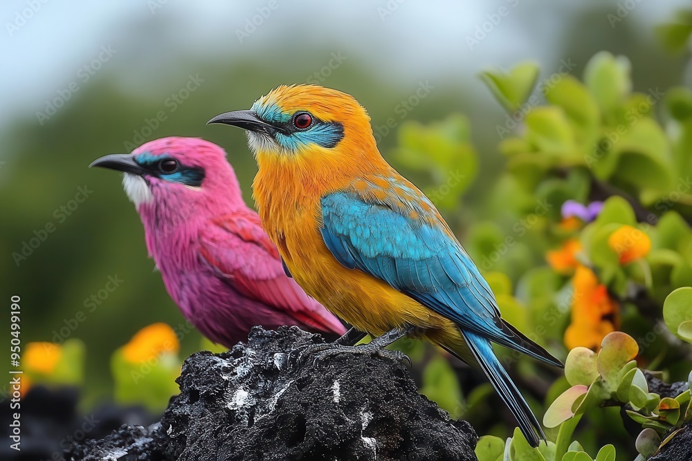 colorful galapagos birds perched on volcanic rocks diverse species showcasing unique adaptations set against a backdrop of turquoise waters and lush vegetation
