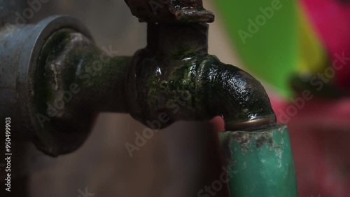 Close-up of a rusty, green-covered faucet with a dripping water.