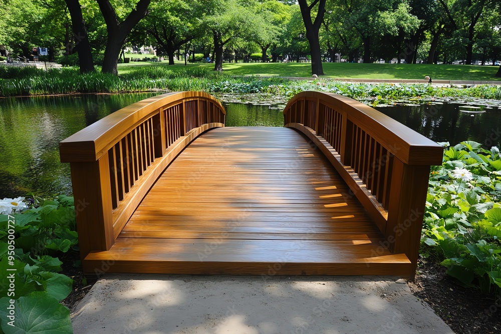 Bridge Pedestrian, Wood, and Urban depicted in a city park where a wooden pedestrian bridge crosses a small pond, providing a peaceful escape from the urban environment Bridge Pedestrian, Wood, and Urban depicted in a city park where a wooden pedestrian bridge crosses a small pond, providing a peaceful escape from the urban environment