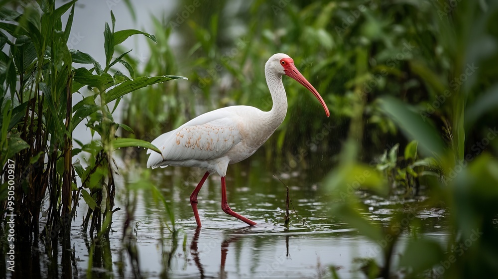 An American white ibis strolls through a wetland's shallow waters amidst lush, tall grass on a gloomy and overcast day. 