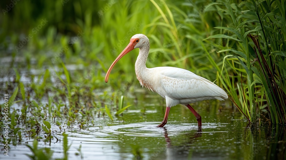 Φωτογραφία An American white ibis strolls through a wetland's shallow waters amidst lush, tall grass on a gloomy and overcast day