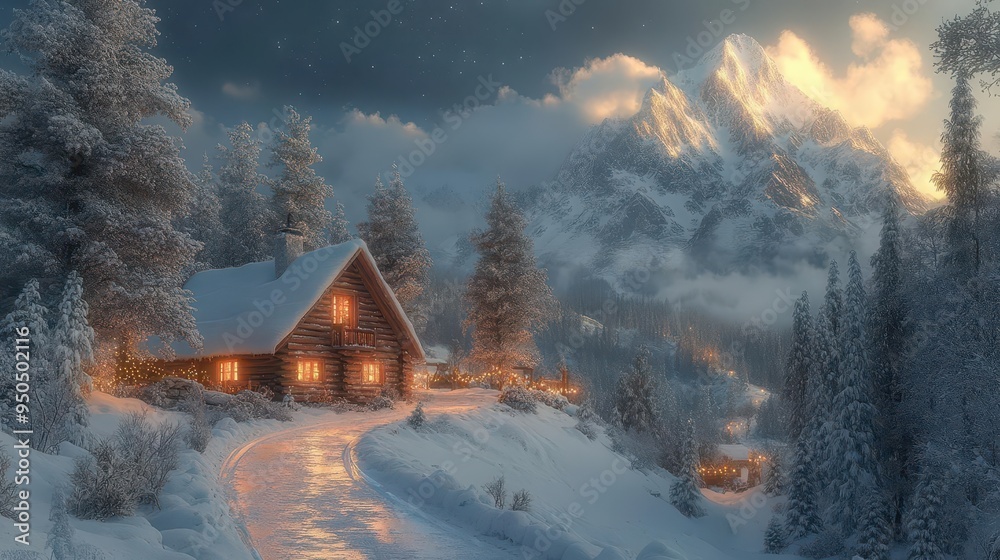 enchanted winter wonderland frosted pine trees surround a cozy log cabin twinkling lights illuminating a path to the warmth within snowcapped mountains in the distance enchanted winter wonderland frosted pine trees surround a cozy log cabin twinkling lights illuminating a path to the warmth within snowcapped mountains in the distance