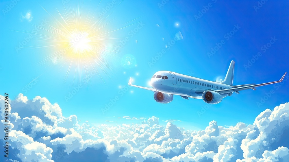 A cartoon airplane soars above the clouds against a bright blue sky, with the sun shining in the background, A cartoon airplane soars above the clouds against a bright blue sky, with the sun shining in the background,